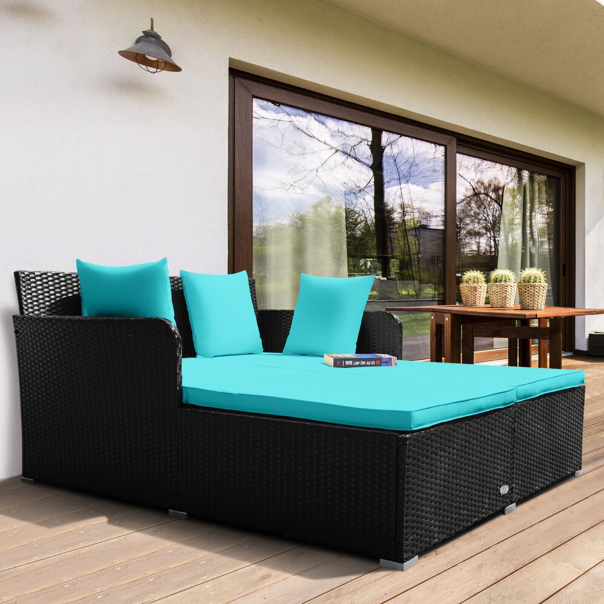 Rattan Garden 2 Seater Daybed Furniture Set  with Cushions-Turquoise