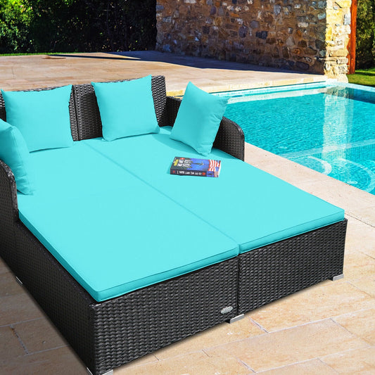 Rattan Garden 2 Seater Daybed Furniture Set  with Cushions-Turquoise