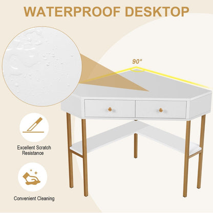 Triangular Corner Computer Desk with 2 Drawers and Storage Shelves-White