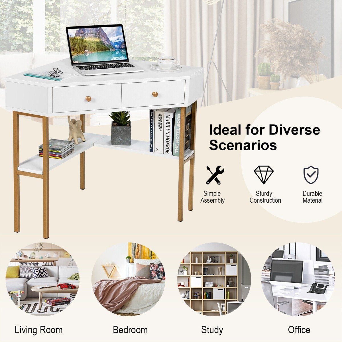Triangular Corner Computer Desk with 2 Drawers and Storage Shelves-White