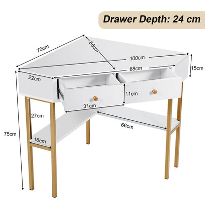 Triangular Corner Computer Desk with 2 Drawers and Storage Shelves-White