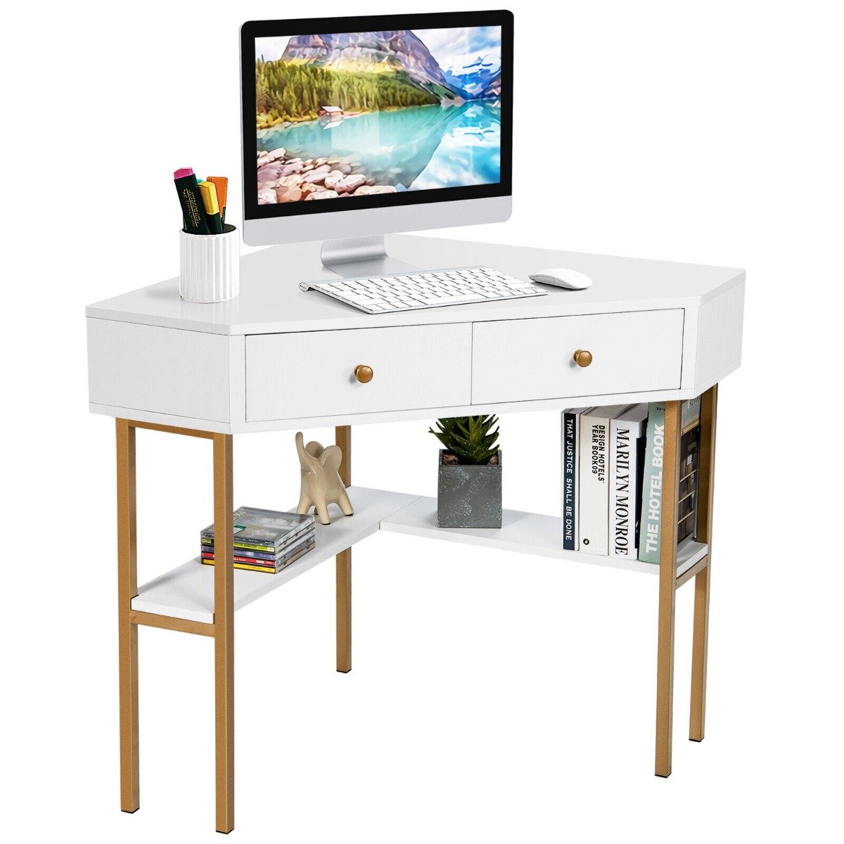 Triangular Corner Computer Desk with 2 Drawers and Storage Shelves-White