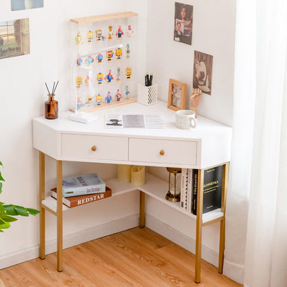 Triangular Corner Computer Desk with 2 Drawers and Storage Shelves-White