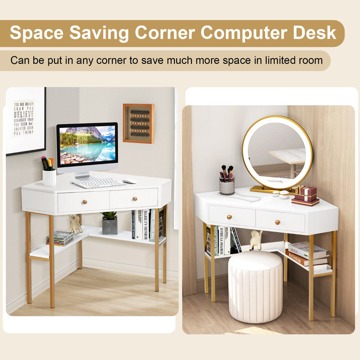 Triangular Corner Computer Desk with 2 Drawers and Storage Shelves-White