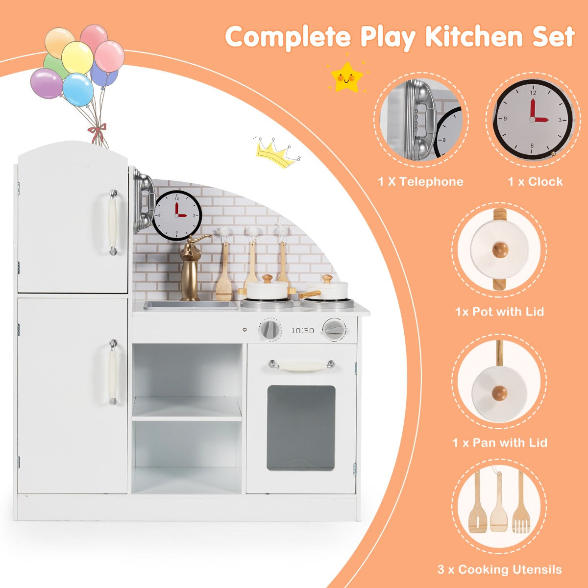 Wooden Kitchen Playset with Cookware Accessories and Faucet