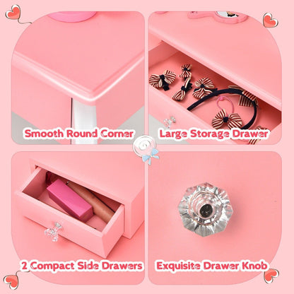 Kids Vanity Table Stool Set with 360° Rotating Mirror and 3 Drawers-Pink