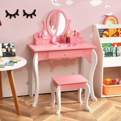Kids Vanity Table Stool Set with 360° Rotating Mirror and 3 Drawers-Pink