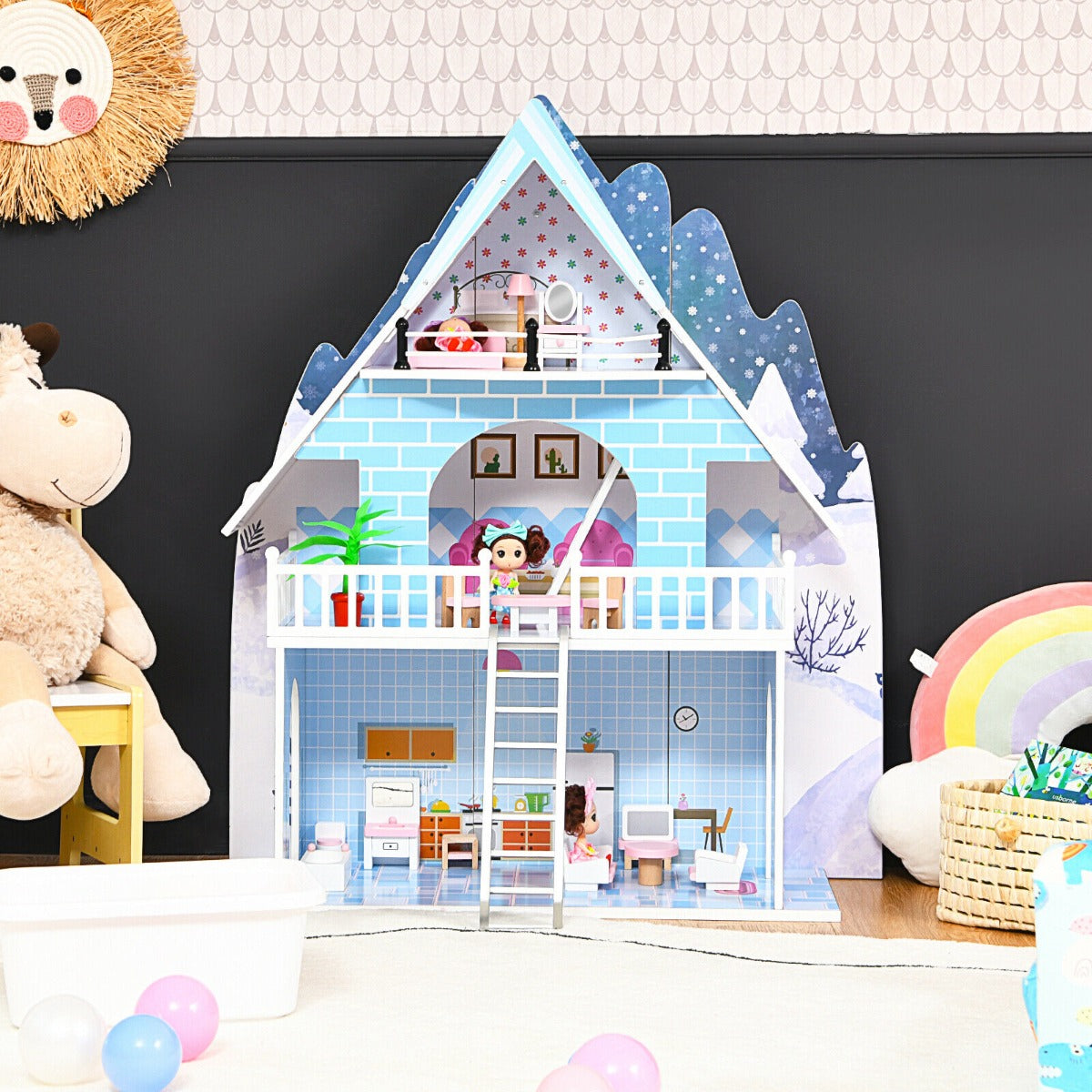 Wooden Kids 3 Storey Doll House With Furniture Accessories