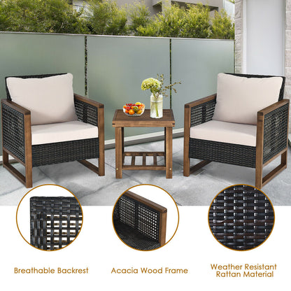 3 Pieces Outdoor Rattan Furniture Bistro Set with Cushioned Sofas-Beige