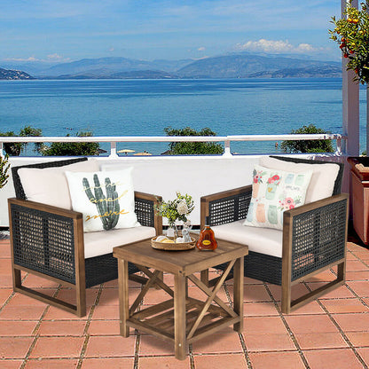 3 Pieces Outdoor Rattan Furniture Bistro Set with Cushioned Sofas-Beige
