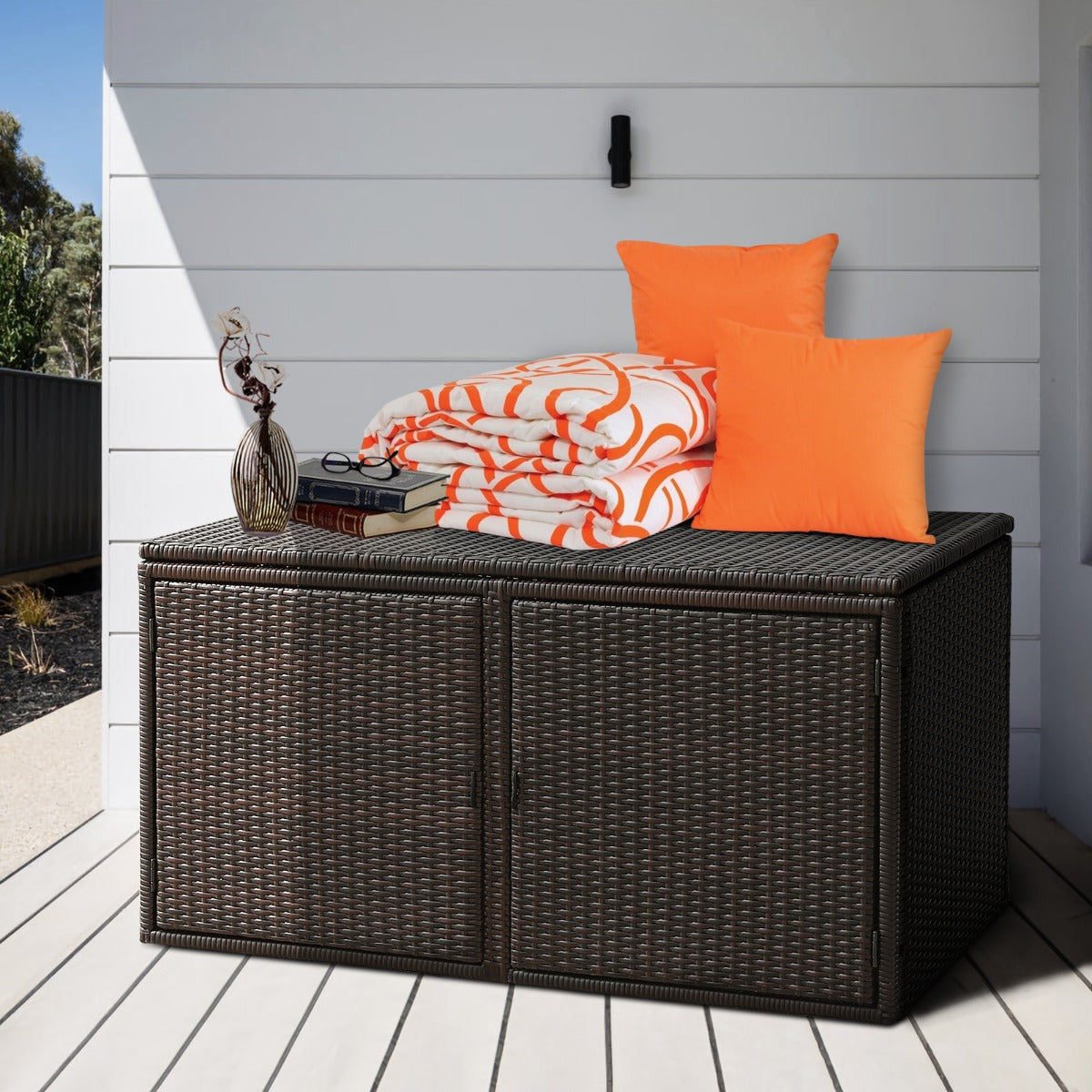 330L 2-Tier Outdoor PE Wicker Storage Box with Lid and Front Doors-Brown