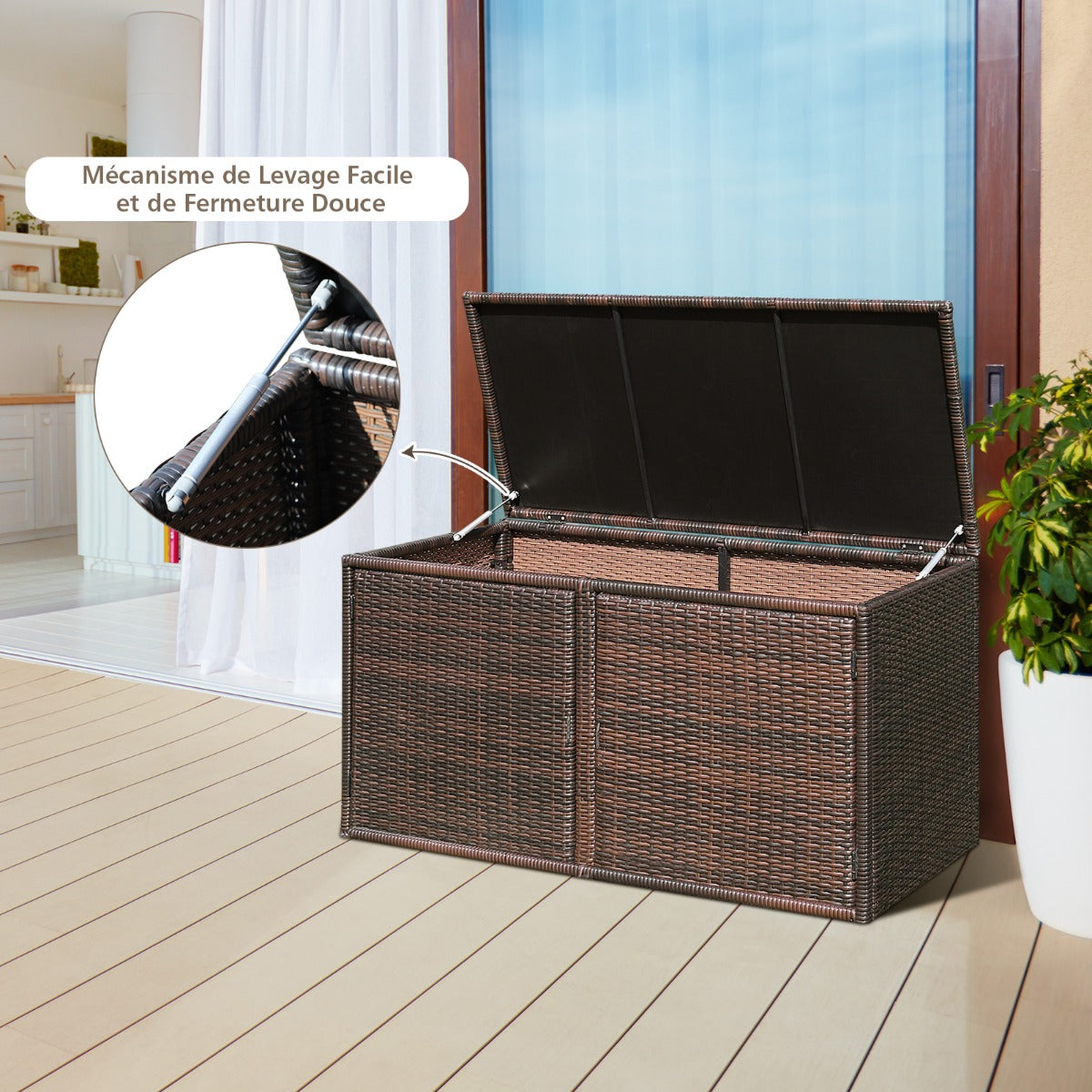 330L 2-Tier Outdoor PE Wicker Storage Box with Lid and Front Doors-Brown