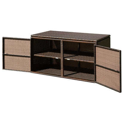 330L 2-Tier Outdoor PE Wicker Storage Box with Lid and Front Doors-Brown