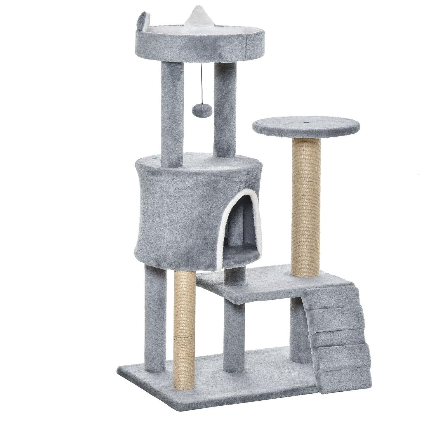 PawHut 100cm Cat Tree Tower Condo Multi Platform Kitty Cat Center with Climbing Ladder Scratching Post Hanging Toy Ball, Light Grey