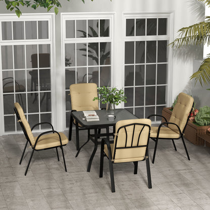 Outsunny 5 Pieces Outdoor Square Garden Dining Set w/ Tempered Glass Dining Table 4 Cushioned Armchairs, Umbrella Hole, Beige