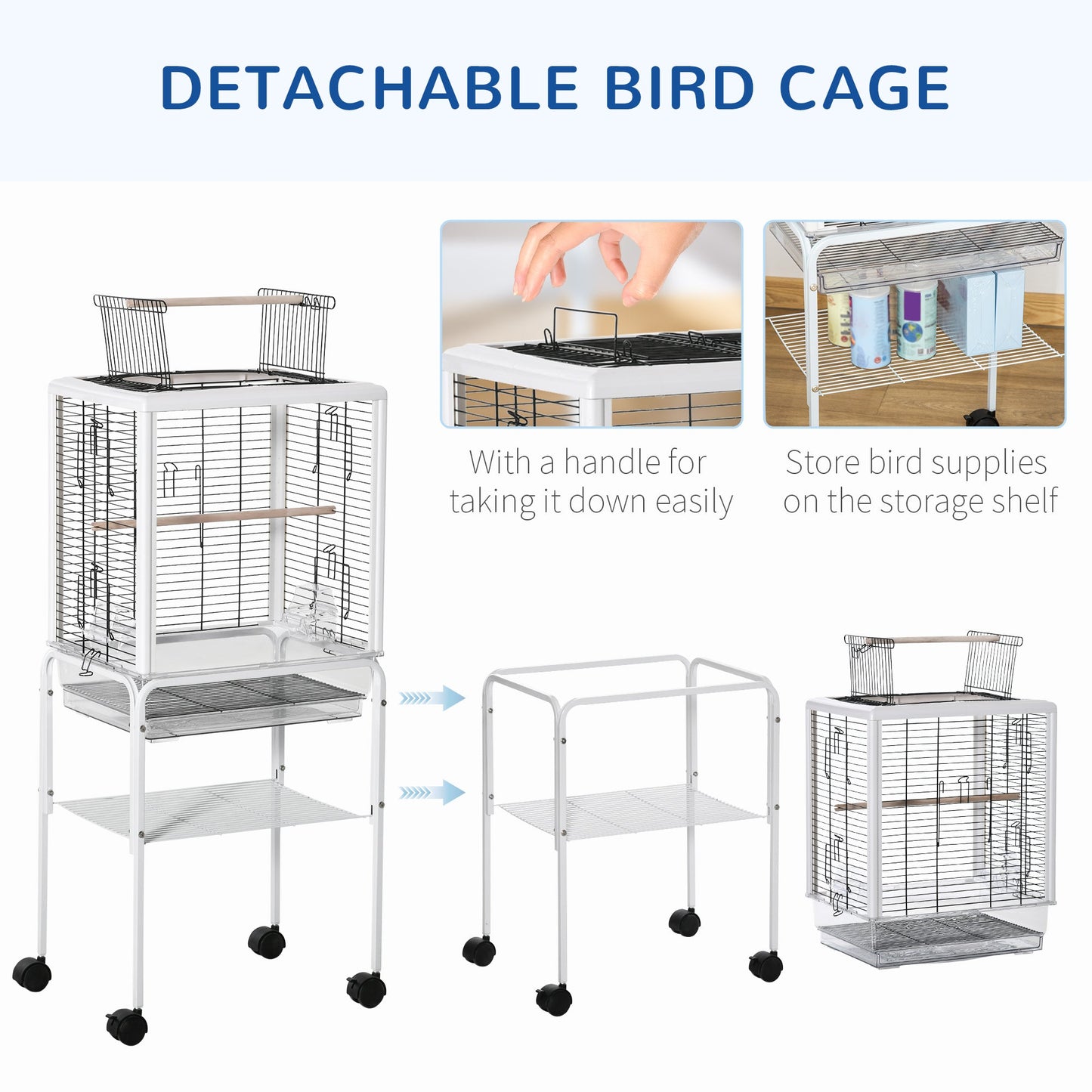 PawHut Large Metal Bird Cage Open Top Aviary for Finch Canaries, Budgies with Handle, Rolling Stand, Slide-out Tray, Storage Shelf, Wood Perch, White