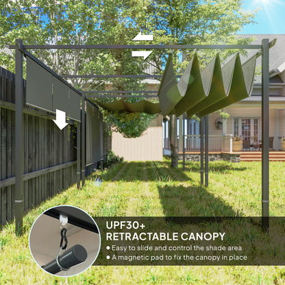 Outsunny 3 x 4m Metalowa pergola z chowanym dachem i roletą, montowana na ścianie lub wolnostojąca ogrodowa altana z baldachimem, UPF30+ zewnętrzna osłona przeciwsłoneczna, szara