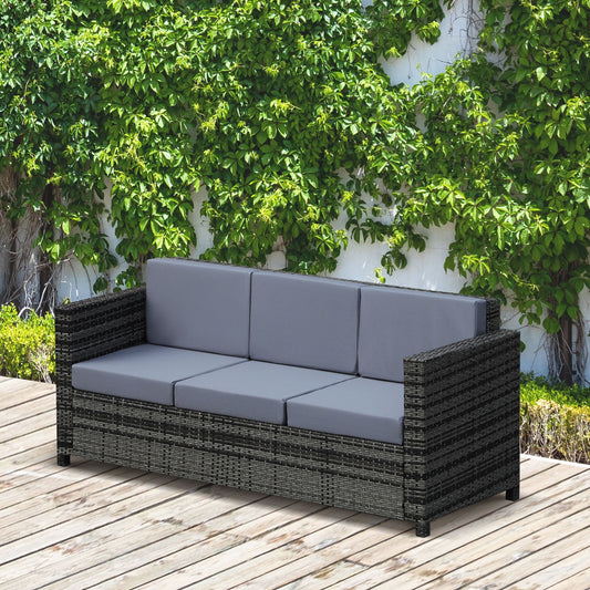 أريكة Outsunny Garden Rattan 3 مقاعد بإطار معدني منسوج لجميع الأحوال الجوية مع وسادة مقاومة للحريق - رمادي