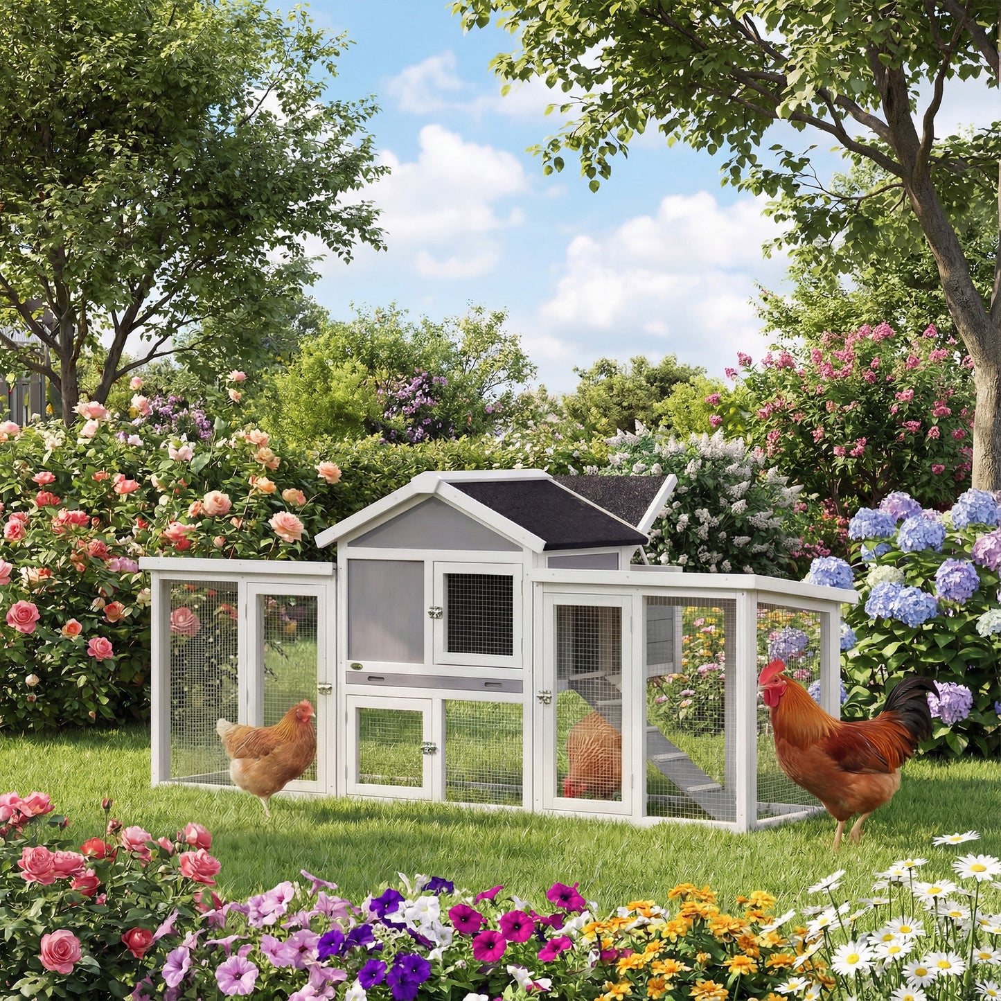 PawHut Large Chicken Coop, Wooden Outdoor Chicken Cage Poultry Hen House with Nesting Box