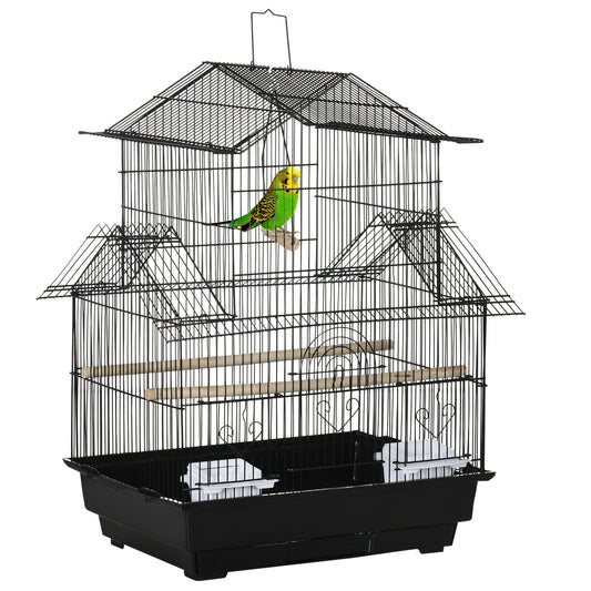 PawHut Metal Bird Cage with Plastic Swing Perch Food Container Tray Handle for Finch Canary Budgie 50.5 x 40 x 63cm Black