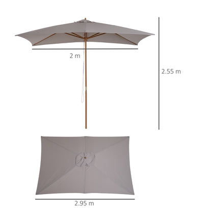 Outsunny 2 x 3m Drewniany Parasol Ogrodowy Zewnętrzny Baldachim Przeciwsłoneczny, Parasol Stołowy z Otworami, Słup 38 mm, Mechanizm Linowy, Jasnoszary