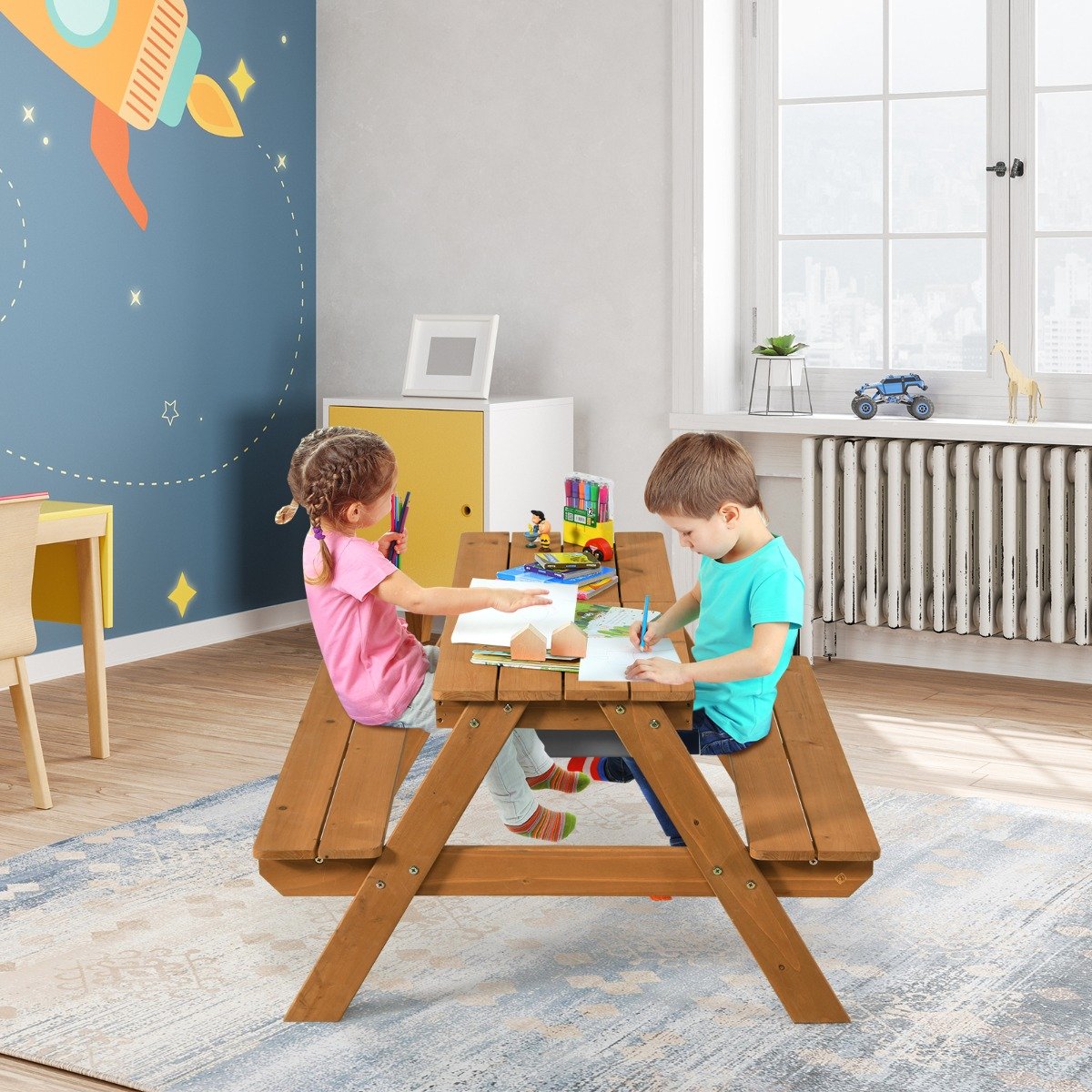Kids Picnic Table with Umbrella-Yellow &amp; Blue