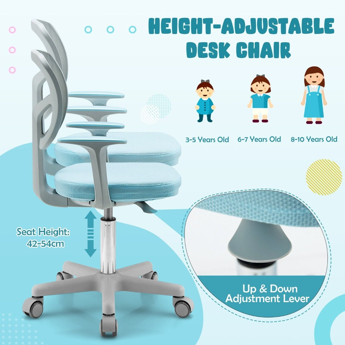 Kids Height-Adjustable Swivel Computer Desk Chair with Lumbar Support-Blue