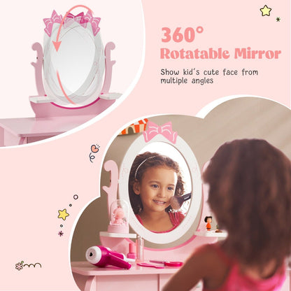 2 in 1 Kids Vanity Table with Stool and 360° Rotating Mirror-Pink &amp; White