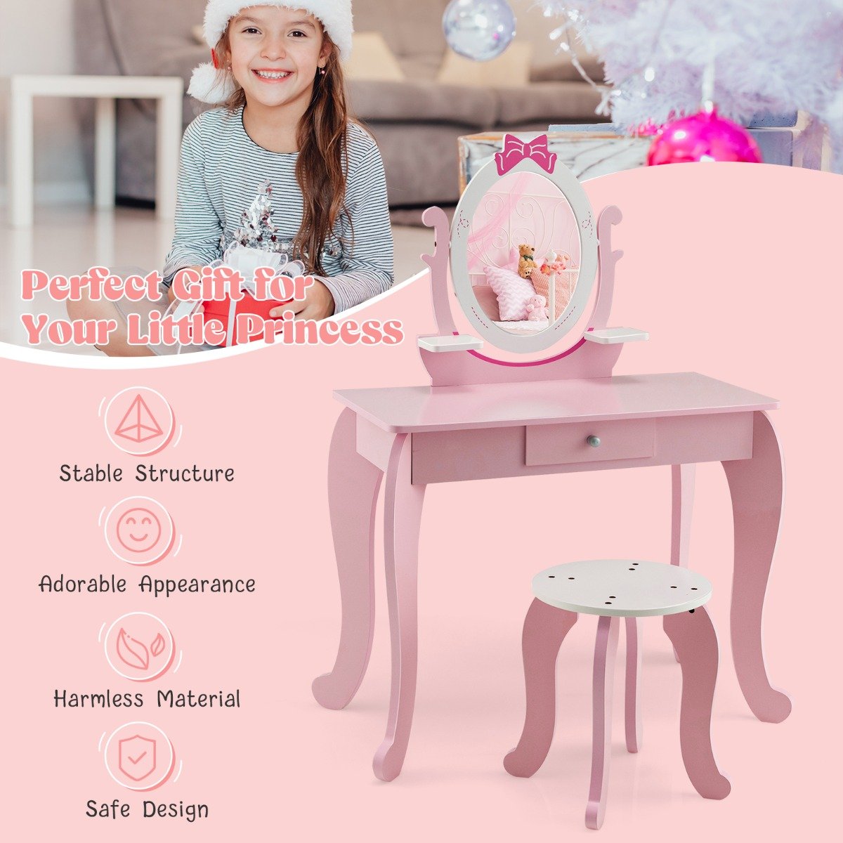 2 in 1 Kids Vanity Table with Stool and 360° Rotating Mirror-Pink &amp; White
