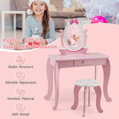 2 in 1 Kids Vanity Table with Stool and 360° Rotating Mirror-Pink &amp; White