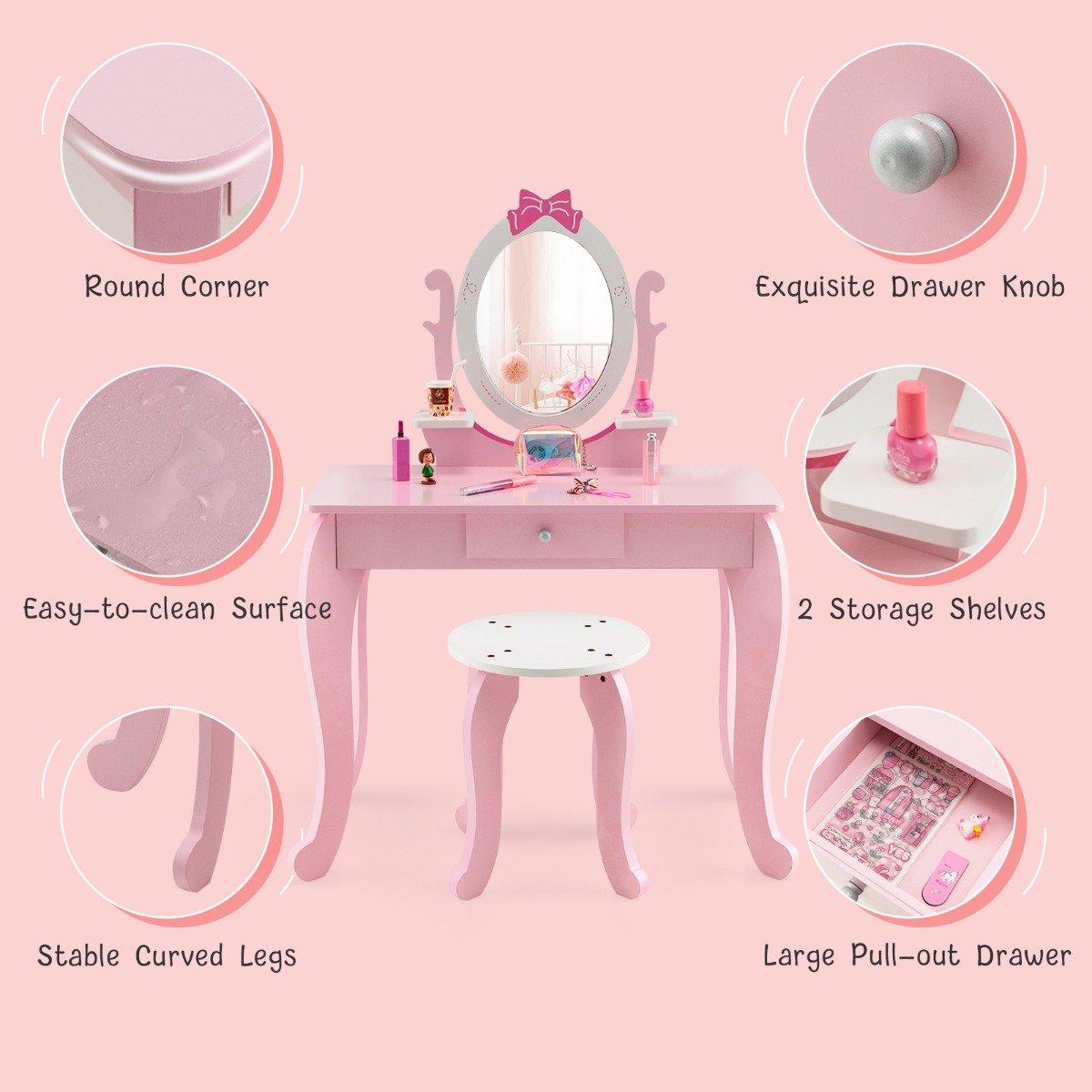 2 in 1 Kids Vanity Table with Stool and 360° Rotating Mirror-Pink &amp; White