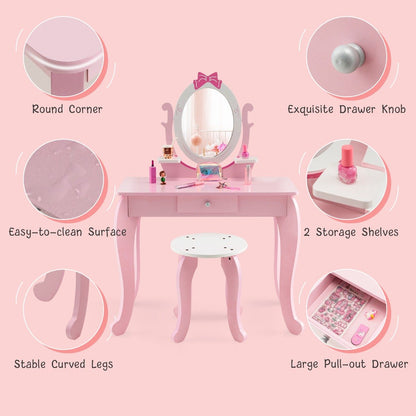 2 in 1 Kids Vanity Table with Stool and 360° Rotating Mirror-Pink &amp; White
