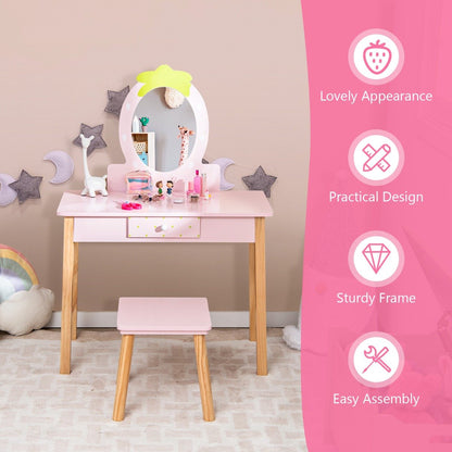 Girls Dressing Tables with Mirror and Drawer for Toddlers-Pink