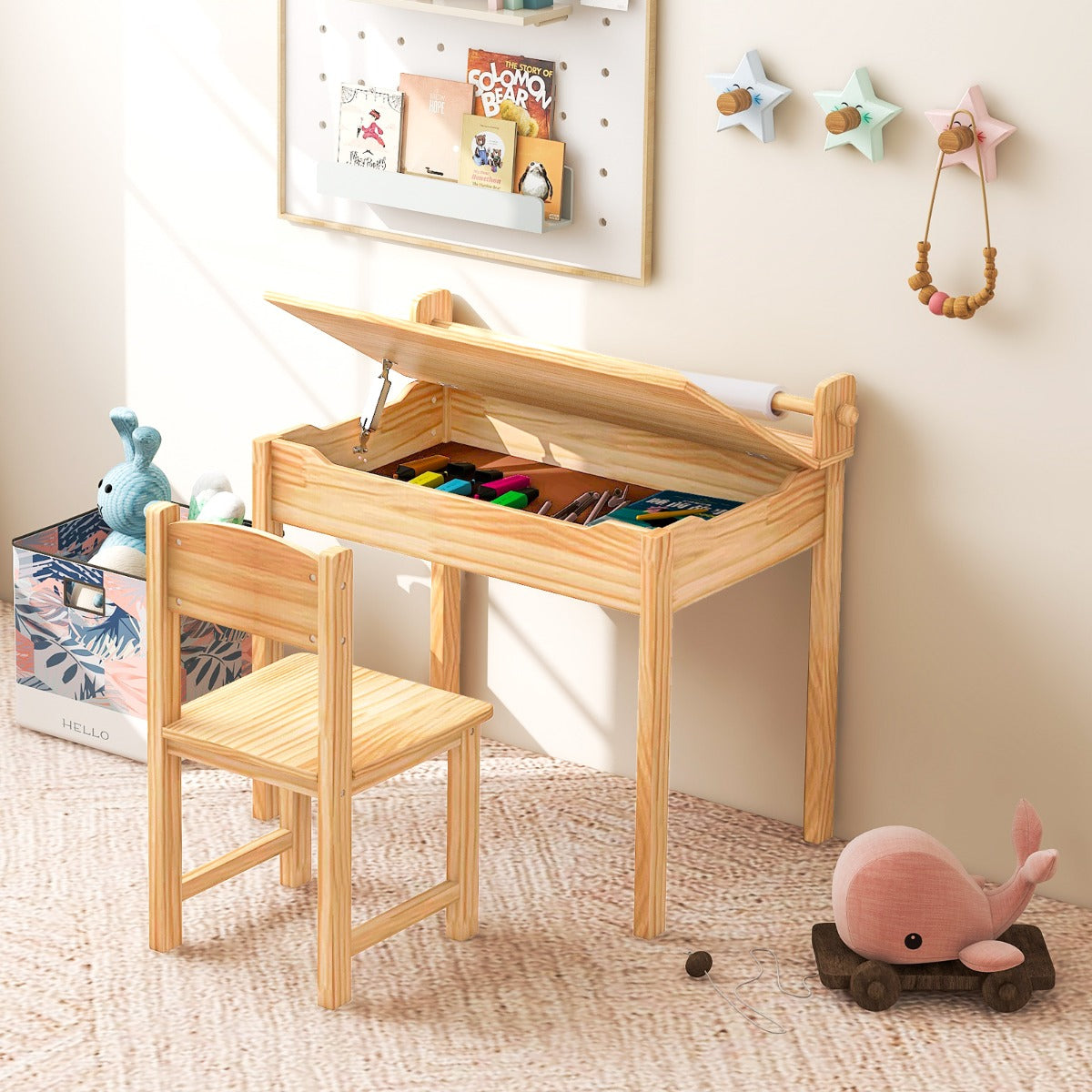 Toddler Activity Table with Chair with Storage and Paper Roll Holder-Natural