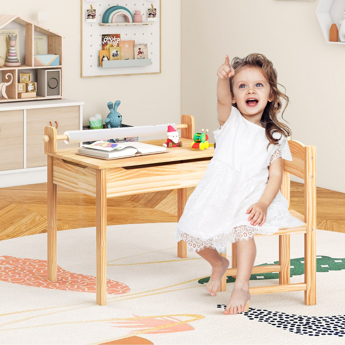 Toddler Activity Table with Chair with Storage and Paper Roll Holder-Natural