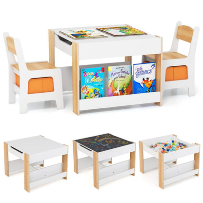 4 in 1 Kids Table and Chairs Set with Reversible Tabletop and Bookshelves-Natural