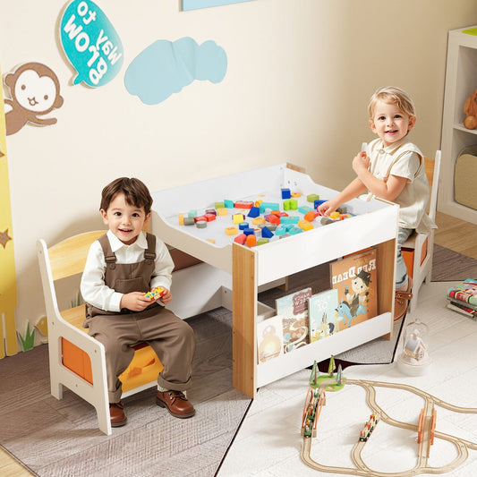 4 in 1 Kids Table and Chairs Set with Reversible Tabletop and Bookshelves-Natural