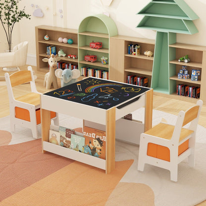 4 in 1 Kids Table and Chairs Set with Reversible Tabletop and Bookshelves-Natural