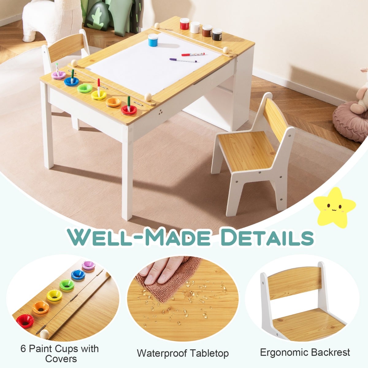 2-in-1 Kids Art Table and Easel Set with Chairs and Liftable Tabletop-Natural