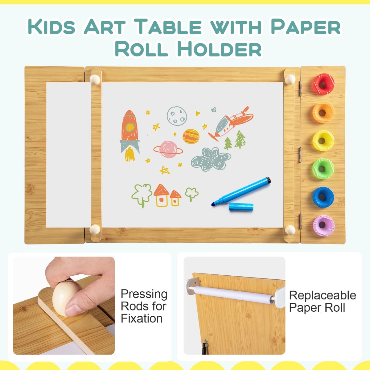 2-in-1 Kids Art Table and Easel Set with Chairs and Liftable Tabletop-Natural