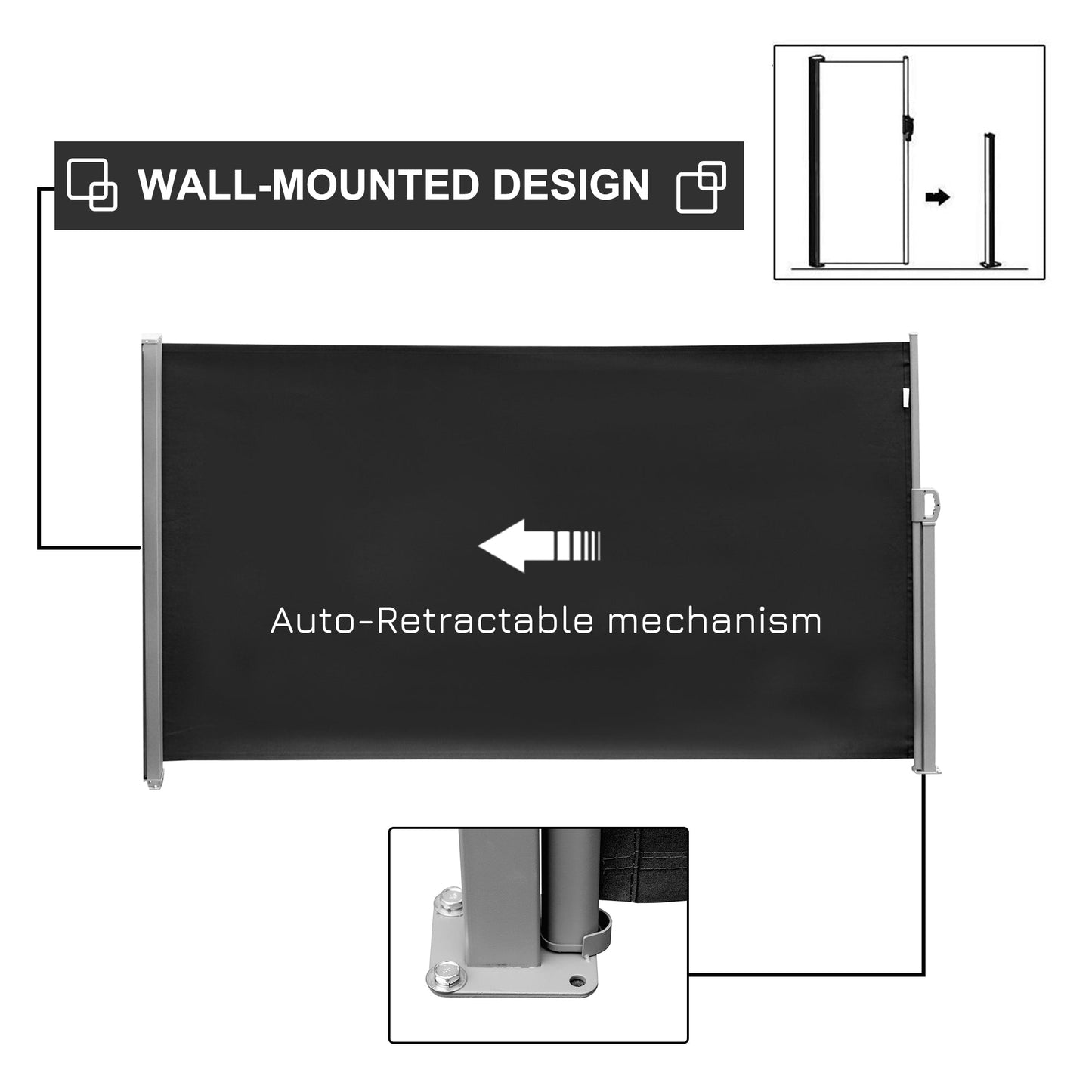 Outsunny Retractable Sun Side Awning Screen Fence Patio Garden Wall Balcony Screening Panel Outdoor Blind Privacy Divider (3x1.8M, Black)