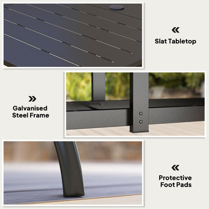 Outsunny Rectangle Garden Dining Table with Parasol Hole, Patio Table with Steel Frame and Slat Tabletop, 150cm x 90cm, Black