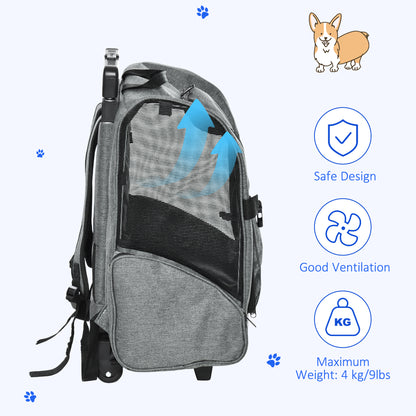 PawHut Pet Travel Backpack Bag Cat Puppy Dog Carrier w/ Trolley and Telescopic Handle Portable Stroller Wheel Luggage Bag (szary)