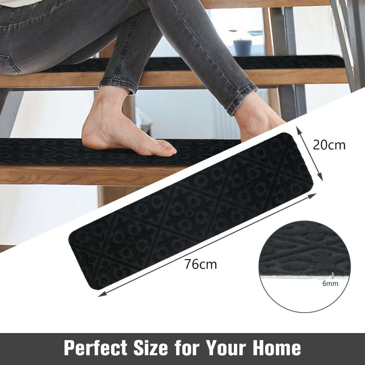 Non-Slip Stair Mats with Reusable Adhesive-Black
