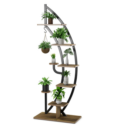 8-Tier Tall Wooden Curved Half-Moo Shape Plant Stand with Top Hook-Natural
