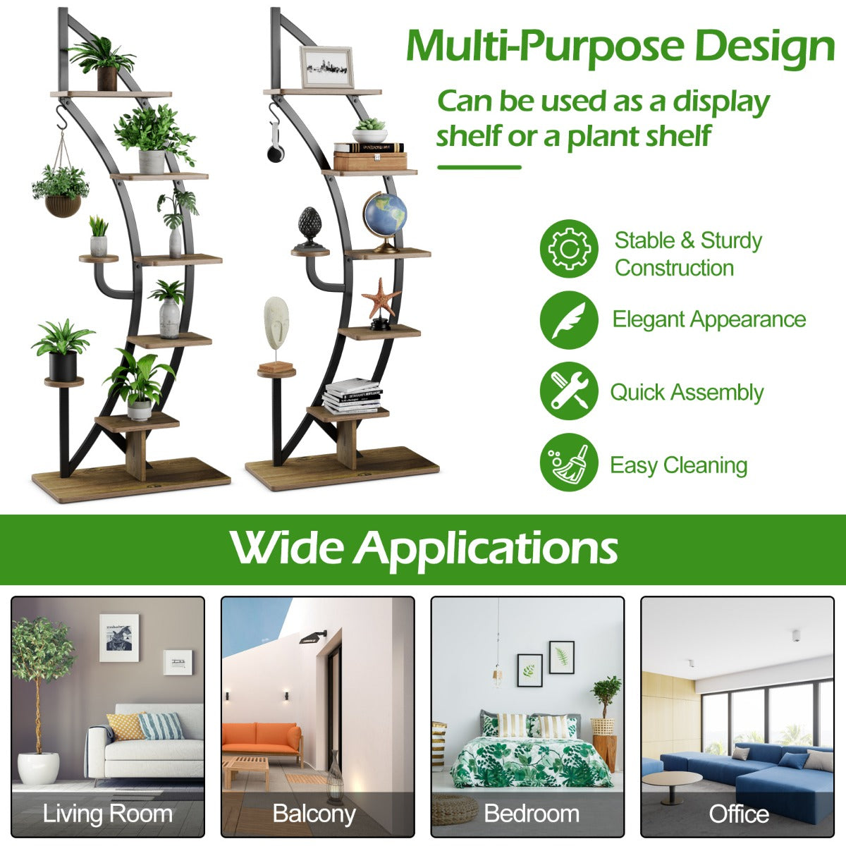 8-Tier Tall Wooden Curved Half-Moo Shape Plant Stand with Top Hook-Natural