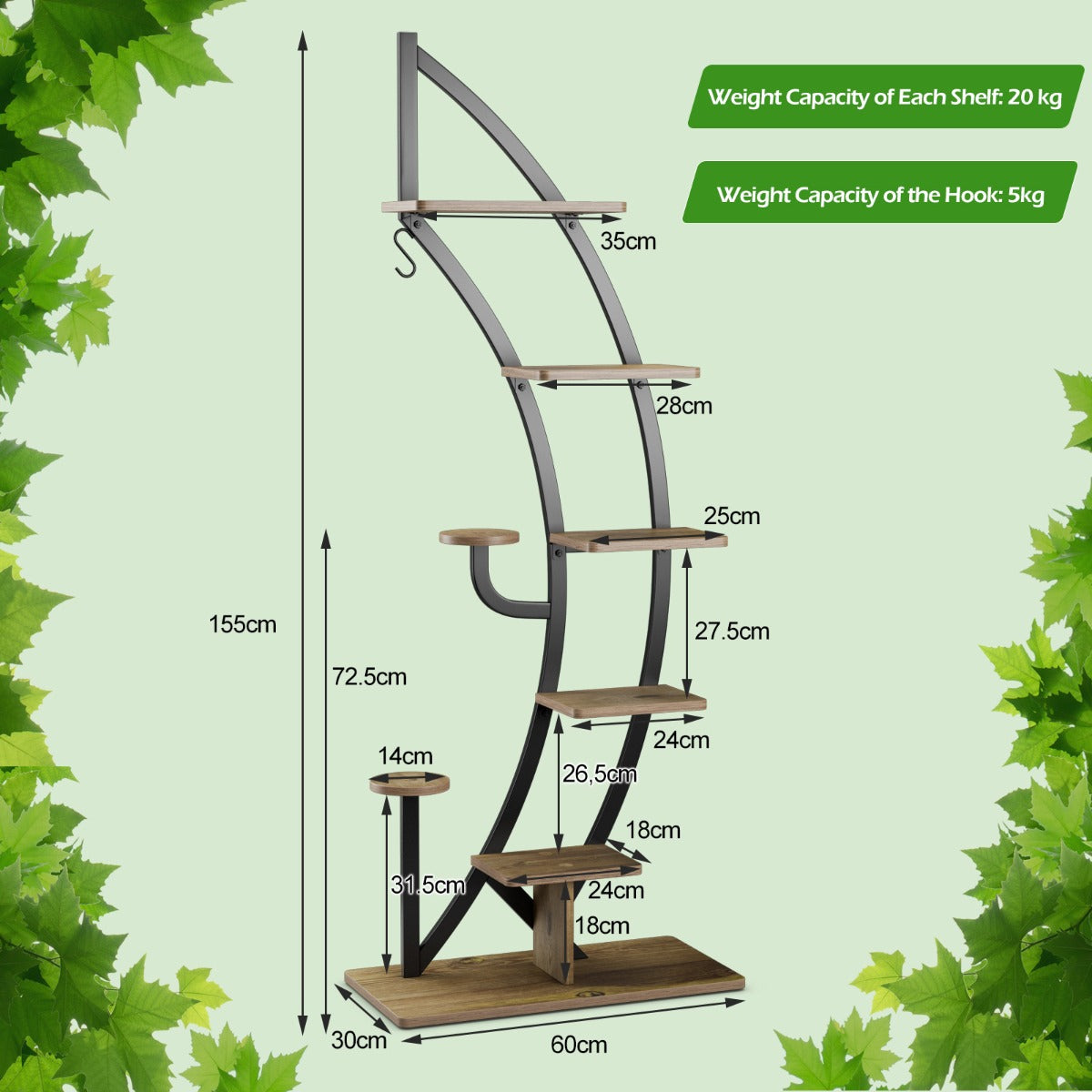8-Tier Tall Wooden Curved Half-Moo Shape Plant Stand with Top Hook-Natural