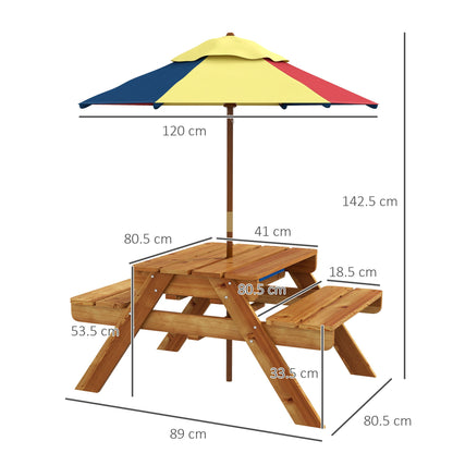 Outsunny Kids Picnic Table Set, 3 in 1 Sand Pit Activity Table, Kids Garden Furniture w/ Removable Parasol, for 3-6 Years