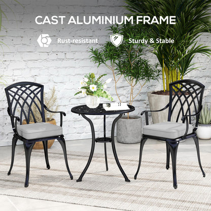 Outsunny 3-częściowy zestaw ogrodowy z odlewanego aluminium dla 2 osób, zestaw stolików kawowych na zewnątrz, odporny na rdzę z otworem na parasol, poduszki, stół tarasowy i krzesła do ogrodu, balkon, czarny