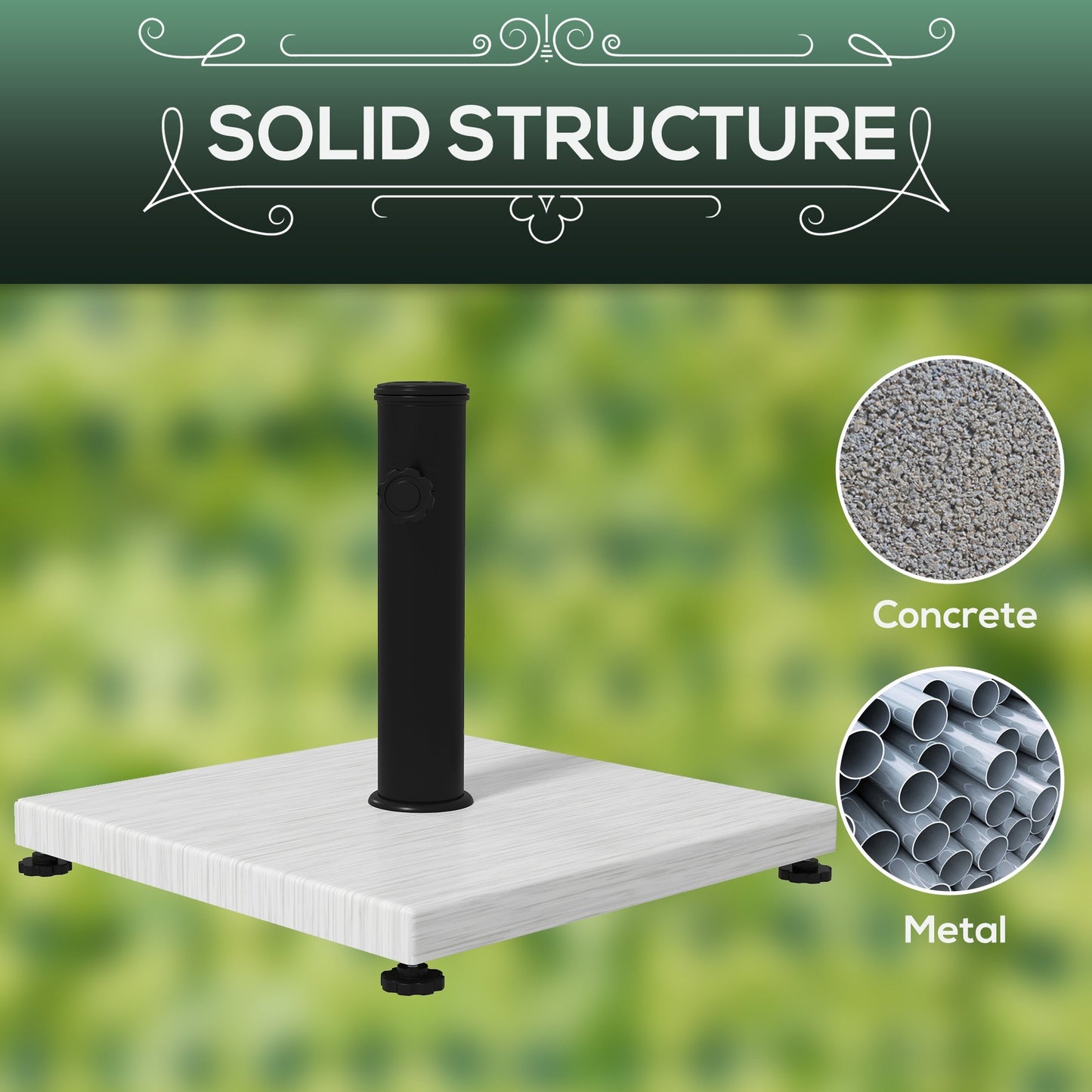 قاعدة مظلة حديقة 12 كجم مع وسادة قدم قابلة للتعديل، حامل مظلة خرسانية مع قاعدة ديكور ذات تأثير خشبي ومقبض قابل للتعديل - أبيض